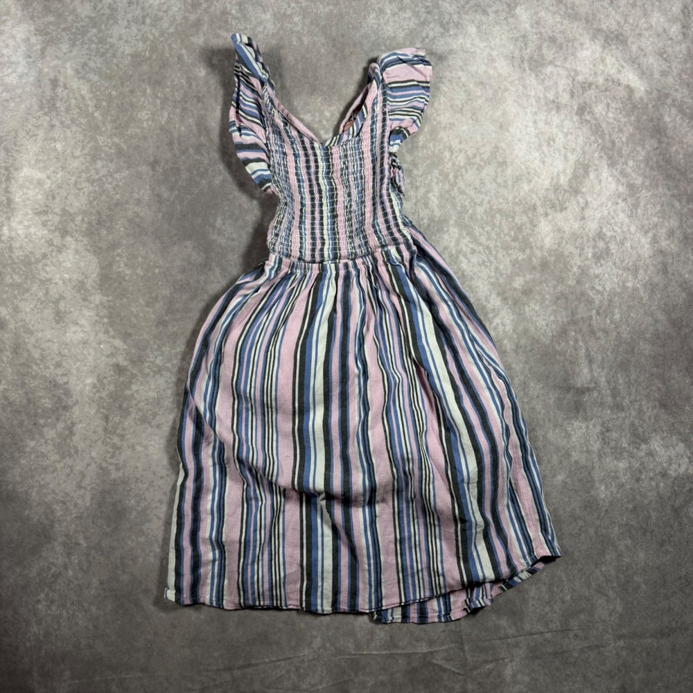 BCBG Girls Pink Blue Striped Smocked Cutout Tie Back Ruffle Sundress Size 7